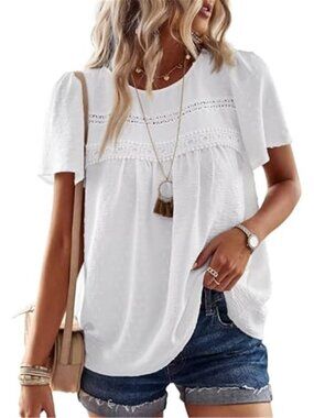 Womens Crochet Lace Boho Top Swiss Dot Short Sleeve Loose Fit Summer Blouse